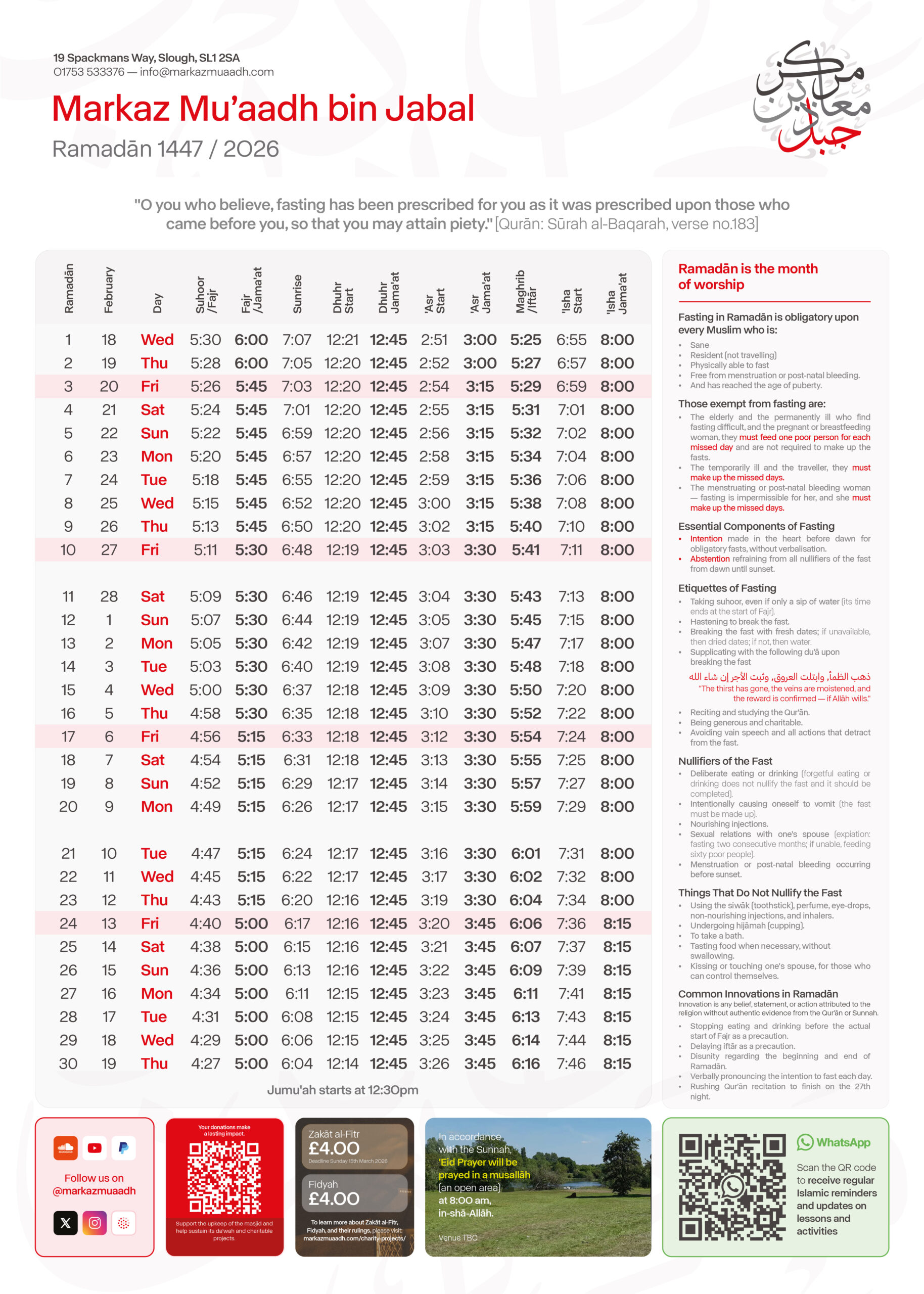 Ramadan Timetable 2026